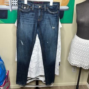 Plastic by Gly dark denim blue jeans with skull embroidered on back pockets A+